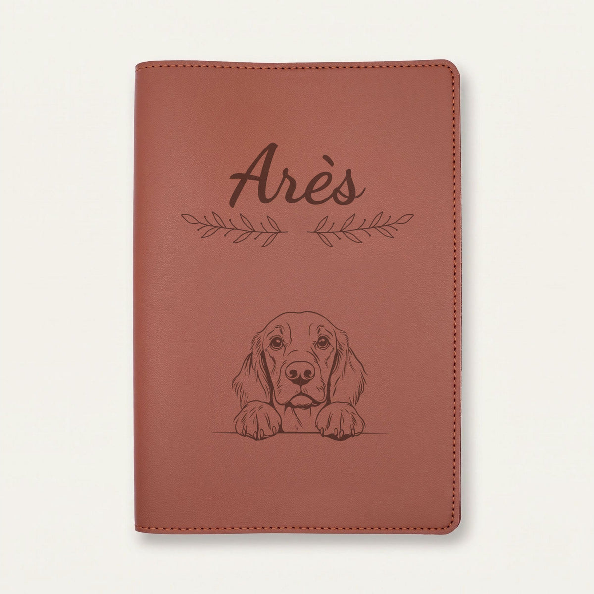Protège carnet de santé chien personnalisé – Setter Gordon — Chocolat — Rameaux — gravure « Arès »