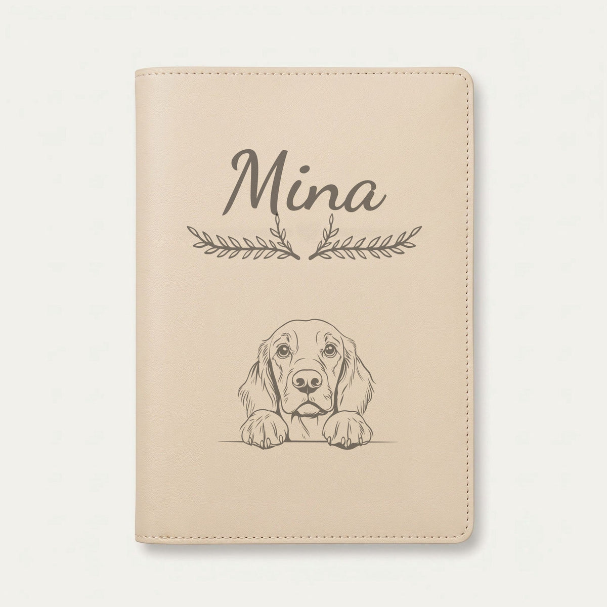 Protège carnet de santé chien personnalisé – Setter Gordon — Crème vanille — Bouquet — gravure « Mina »
