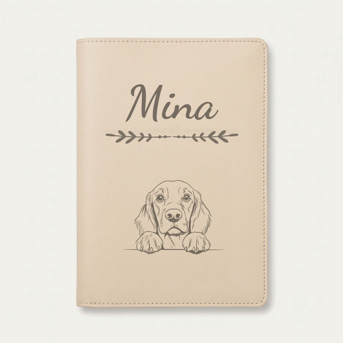 Protège carnet de santé chien personnalisé – Setter Gordon — Crème vanille — Flèche — gravure « Mina »