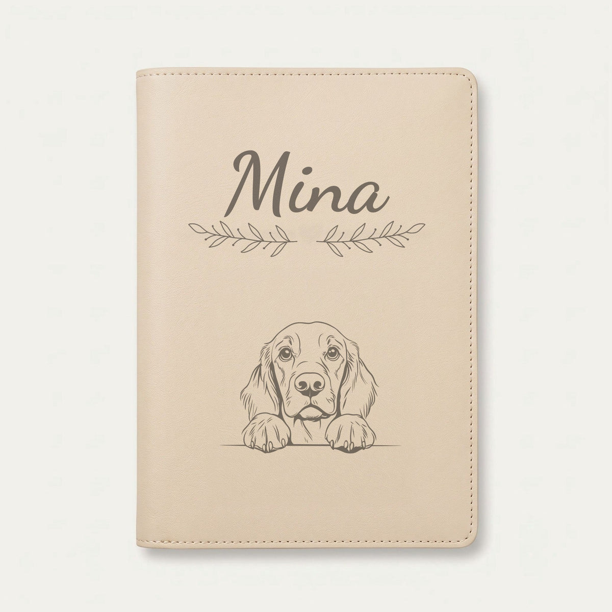 Protège carnet de santé chien personnalisé – Setter Gordon — Crème vanille — Rameaux — gravure « Mina »