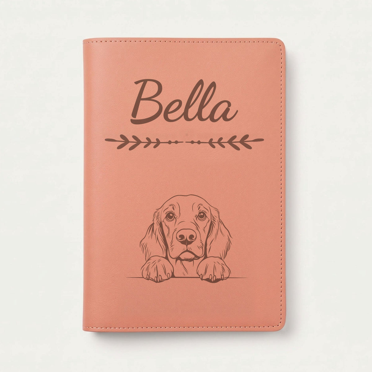 Protège carnet de santé chien personnalisé – Setter Gordon — Terracotta — Flèche — gravure « Bella »