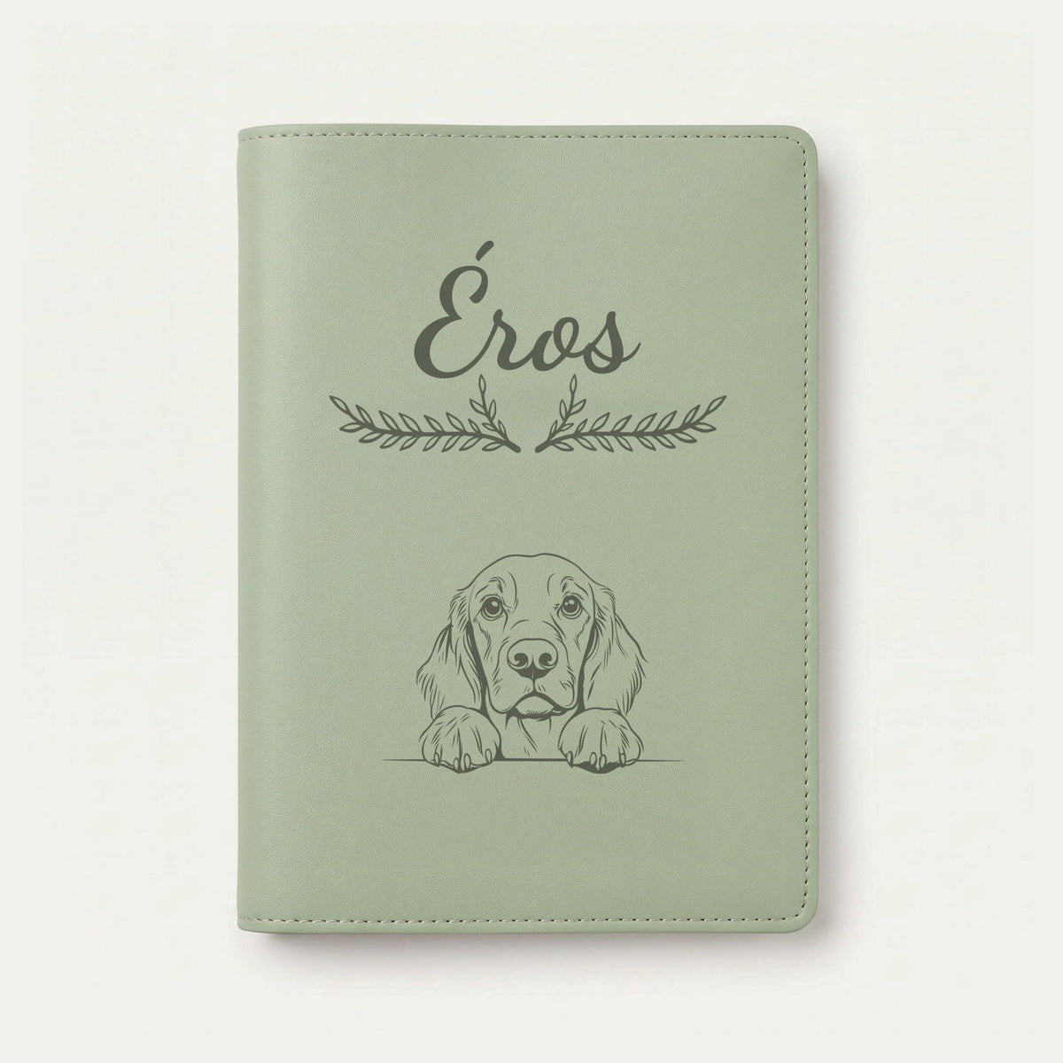 Protège carnet de santé chien personnalisé – Setter Gordon — Vert sauge — Bouquet — gravure « Éros »