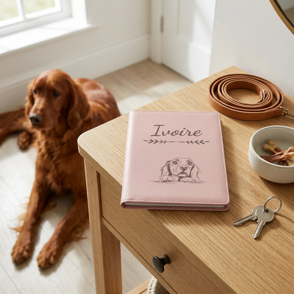 Protège carnet de santé chien personnalisé – Setter irlandais — fermé, gravé « Ivoire » avec le setter irlandais, sur une console d'entrée à côté d'une laisse, un setter irlandais couché à côté (visuel de mise en scène, coloris Rose dragée)