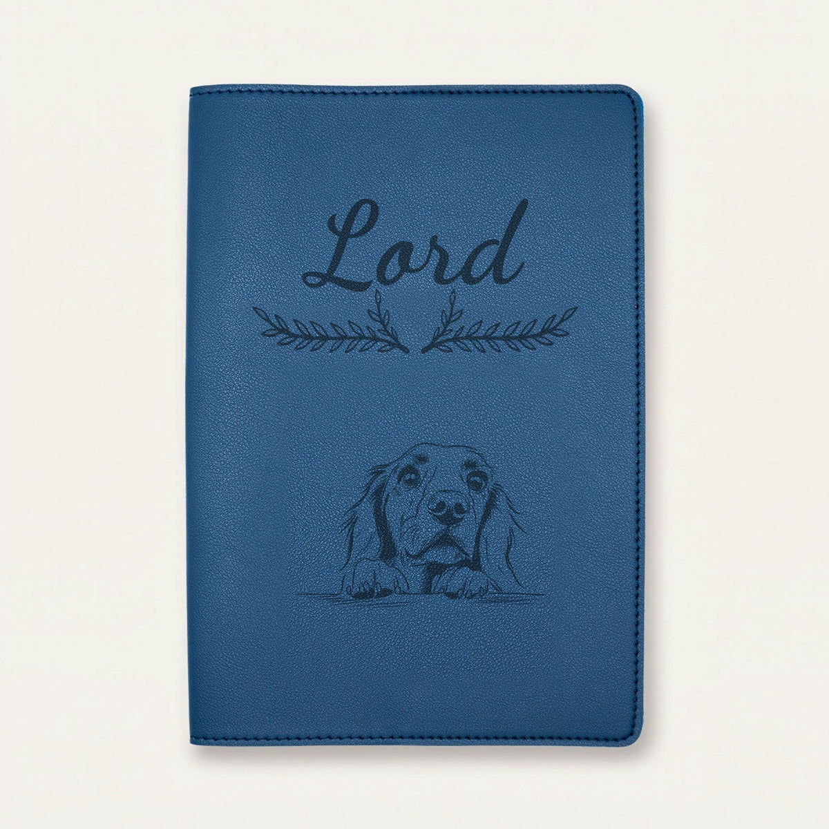 Protège carnet de santé chien personnalisé – Setter irlandais — Bleu nuit — Bouquet — gravure « Lord »