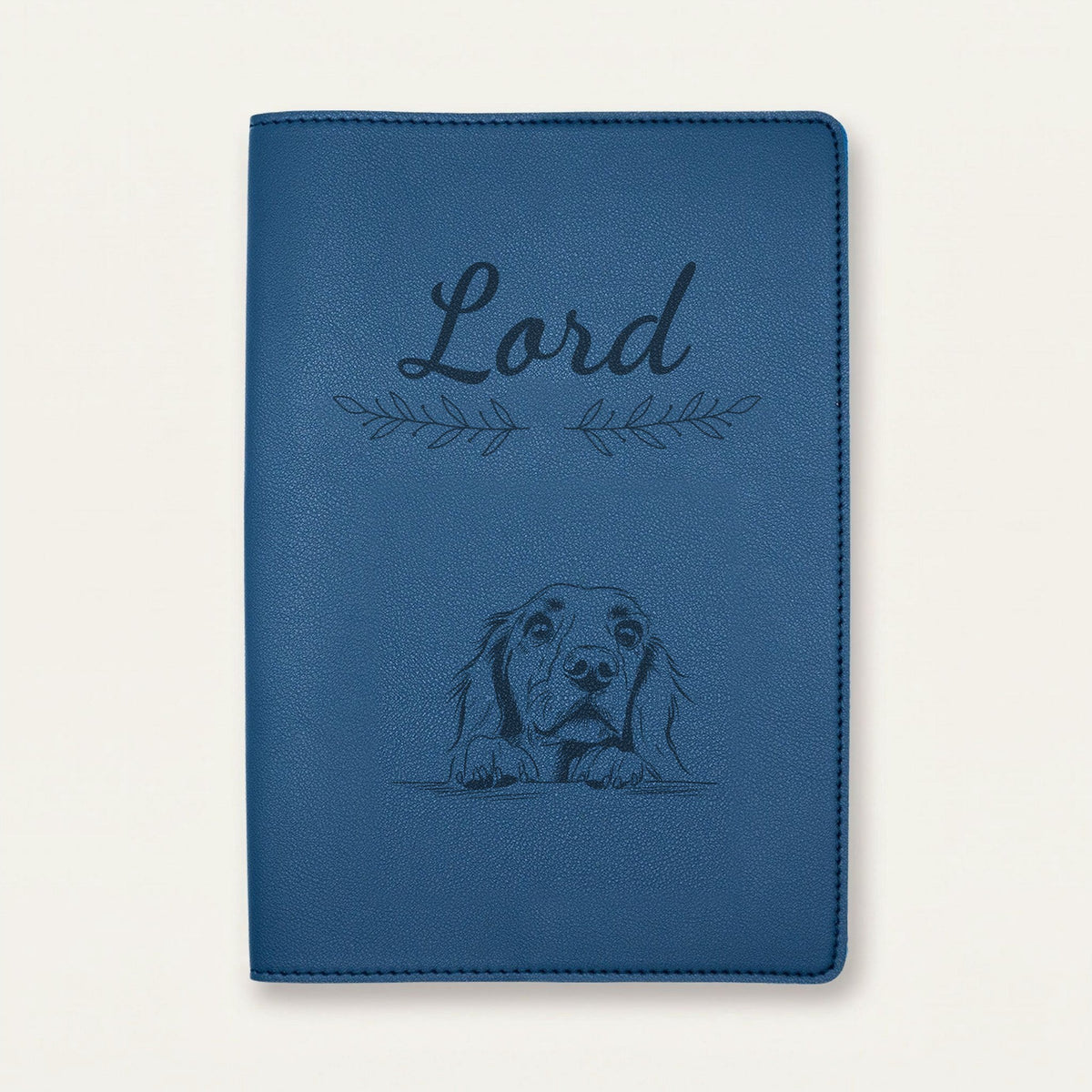 Protège carnet de santé chien personnalisé – Setter irlandais — Bleu nuit — Rameaux — gravure « Lord »