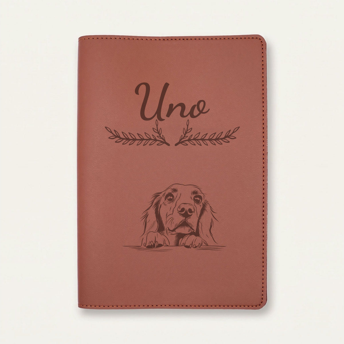 Protège carnet de santé chien personnalisé – Setter irlandais — Chocolat — Bouquet — gravure « Uno »