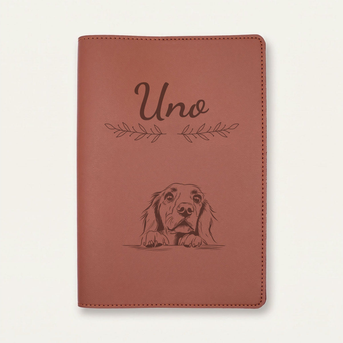 Protège carnet de santé chien personnalisé – Setter irlandais — Chocolat — Rameaux — gravure « Uno »