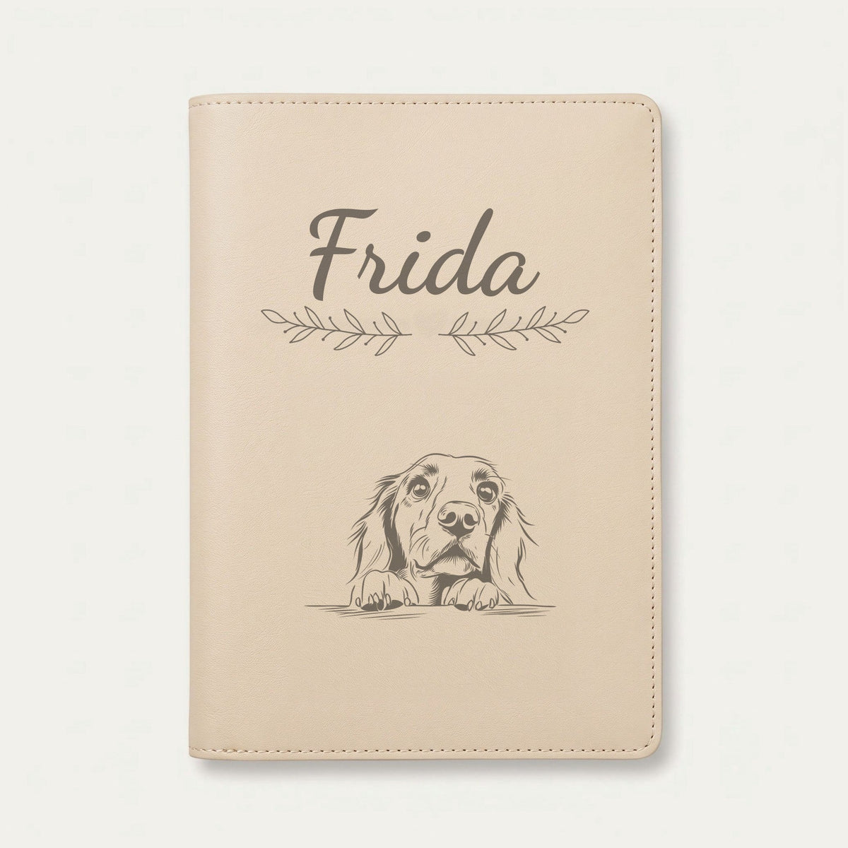 Protège carnet de santé chien personnalisé – Setter irlandais — Crème vanille — Rameaux — gravure « Frida »