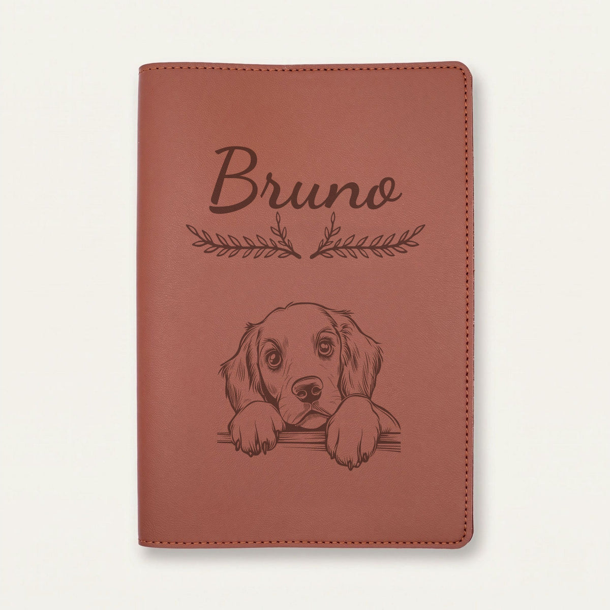 Protège carnet de santé chien personnalisé – Setter rouge et blanc — Chocolat — Bouquet — gravure « Bruno »
