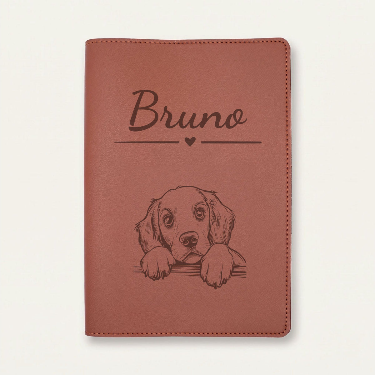 Protège carnet de santé chien personnalisé – Setter rouge et blanc — Chocolat — Cœur — gravure « Bruno »
