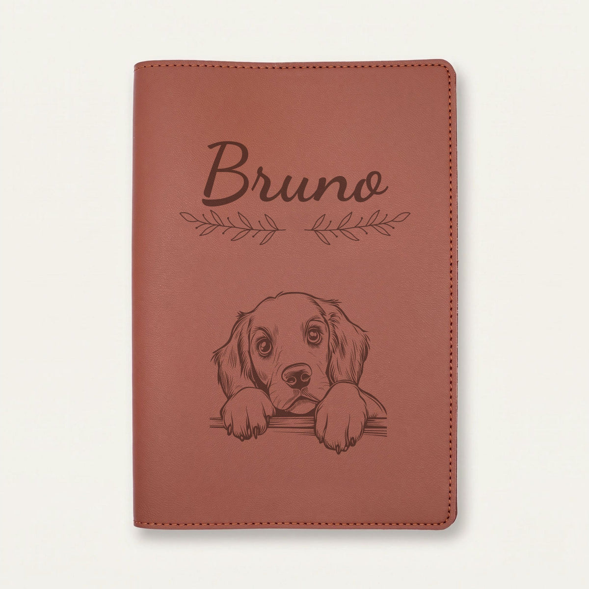 Protège carnet de santé chien personnalisé – Setter rouge et blanc — Chocolat — Rameaux — gravure « Bruno »