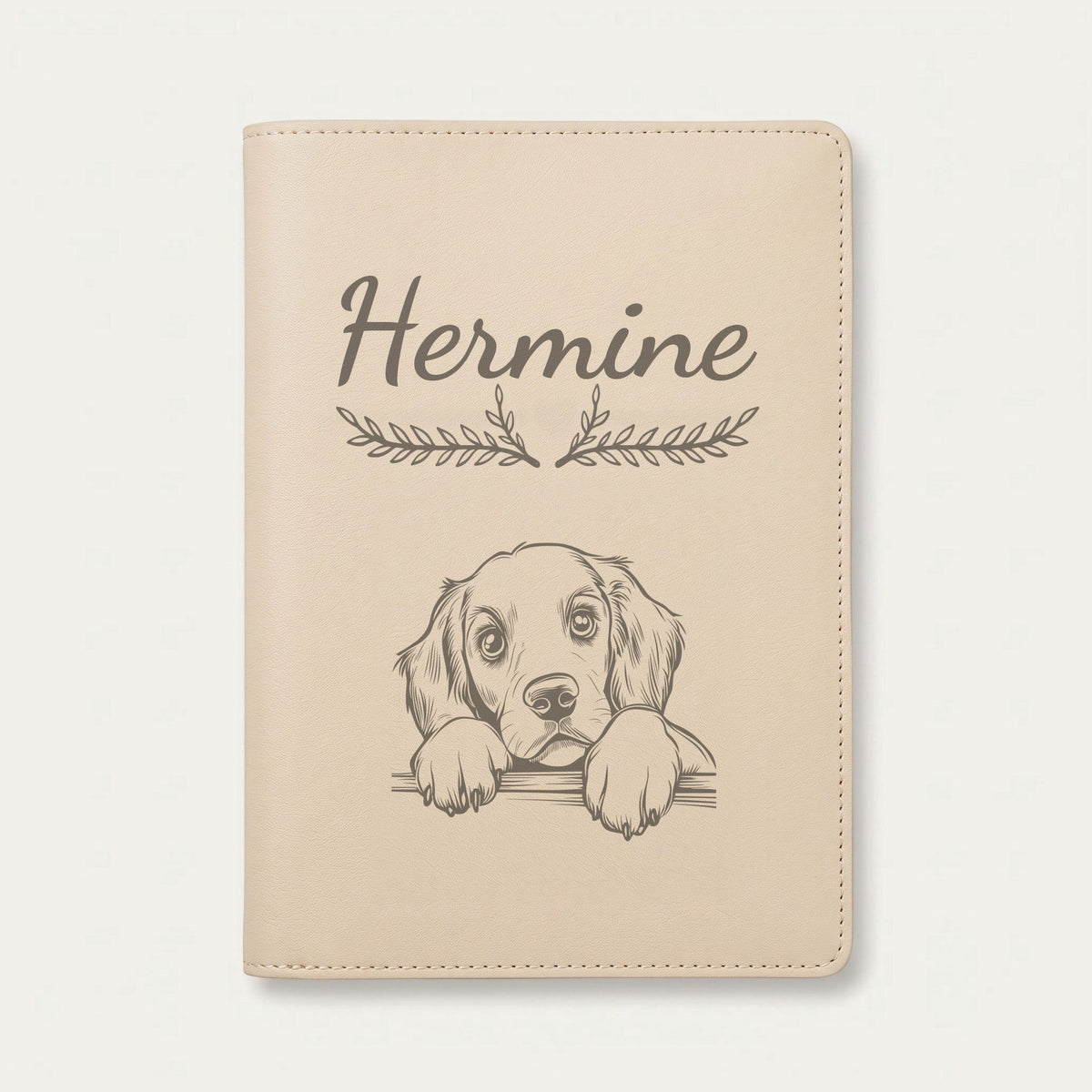 Protège carnet de santé chien personnalisé – Setter rouge et blanc — Crème vanille — Bouquet — gravure « Hermine »