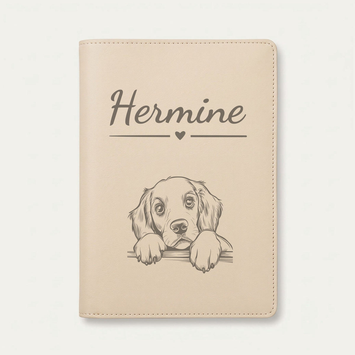 Protège carnet de santé chien personnalisé – Setter rouge et blanc — Crème vanille — Cœur — gravure « Hermine »