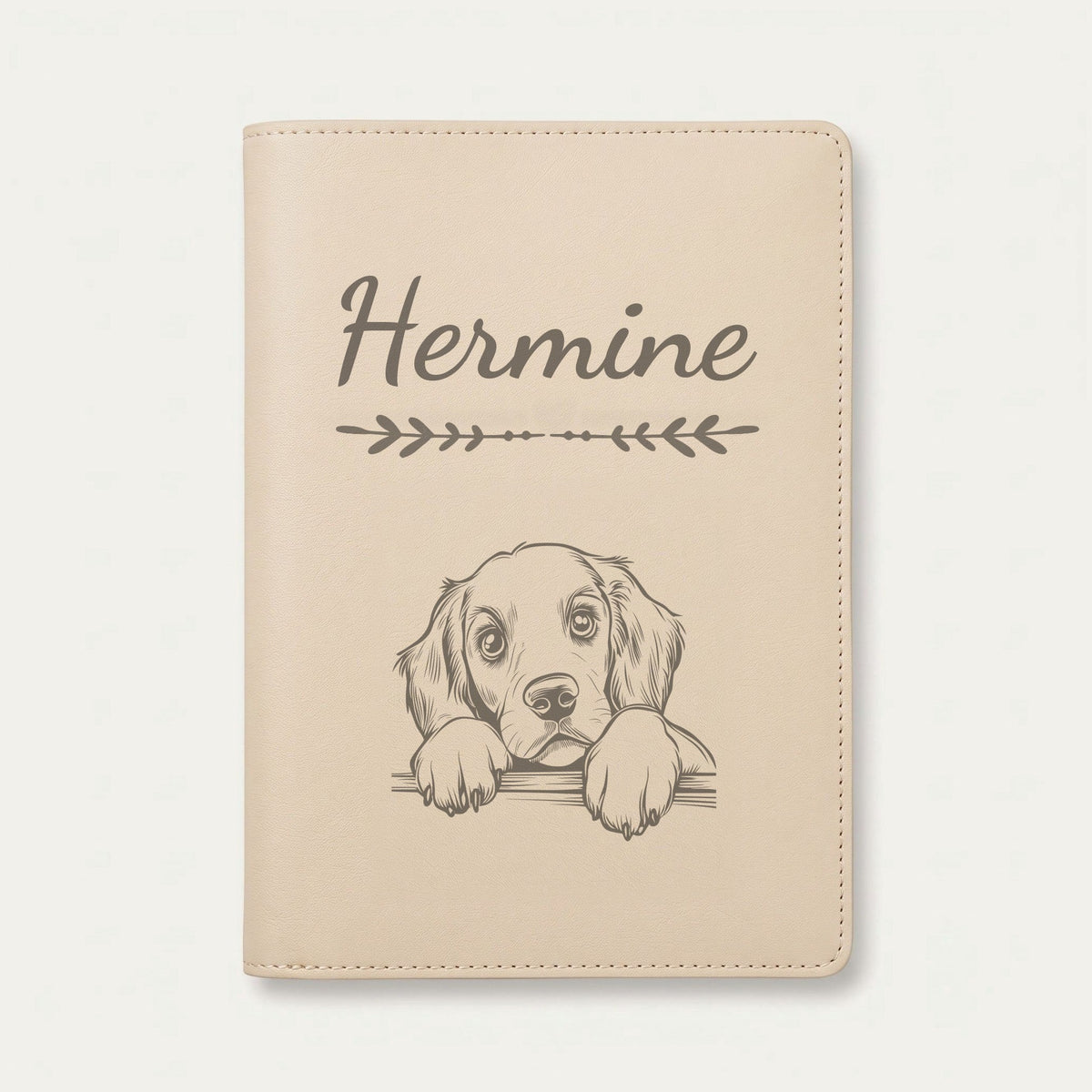 Protège carnet de santé chien personnalisé – Setter rouge et blanc — Crème vanille — Flèche — gravure « Hermine »