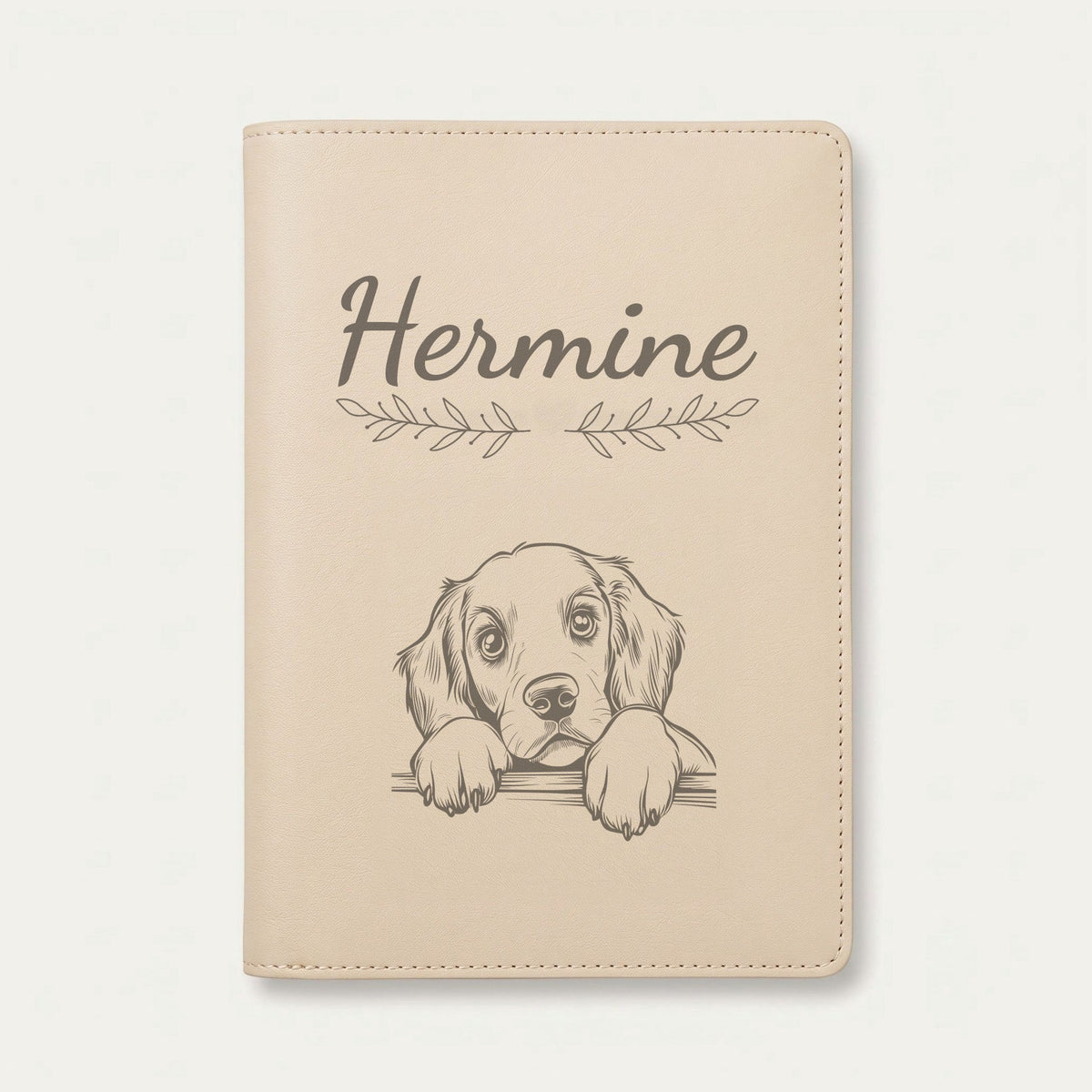 Protège carnet de santé chien personnalisé – Setter rouge et blanc — Crème vanille — Rameaux — gravure « Hermine »