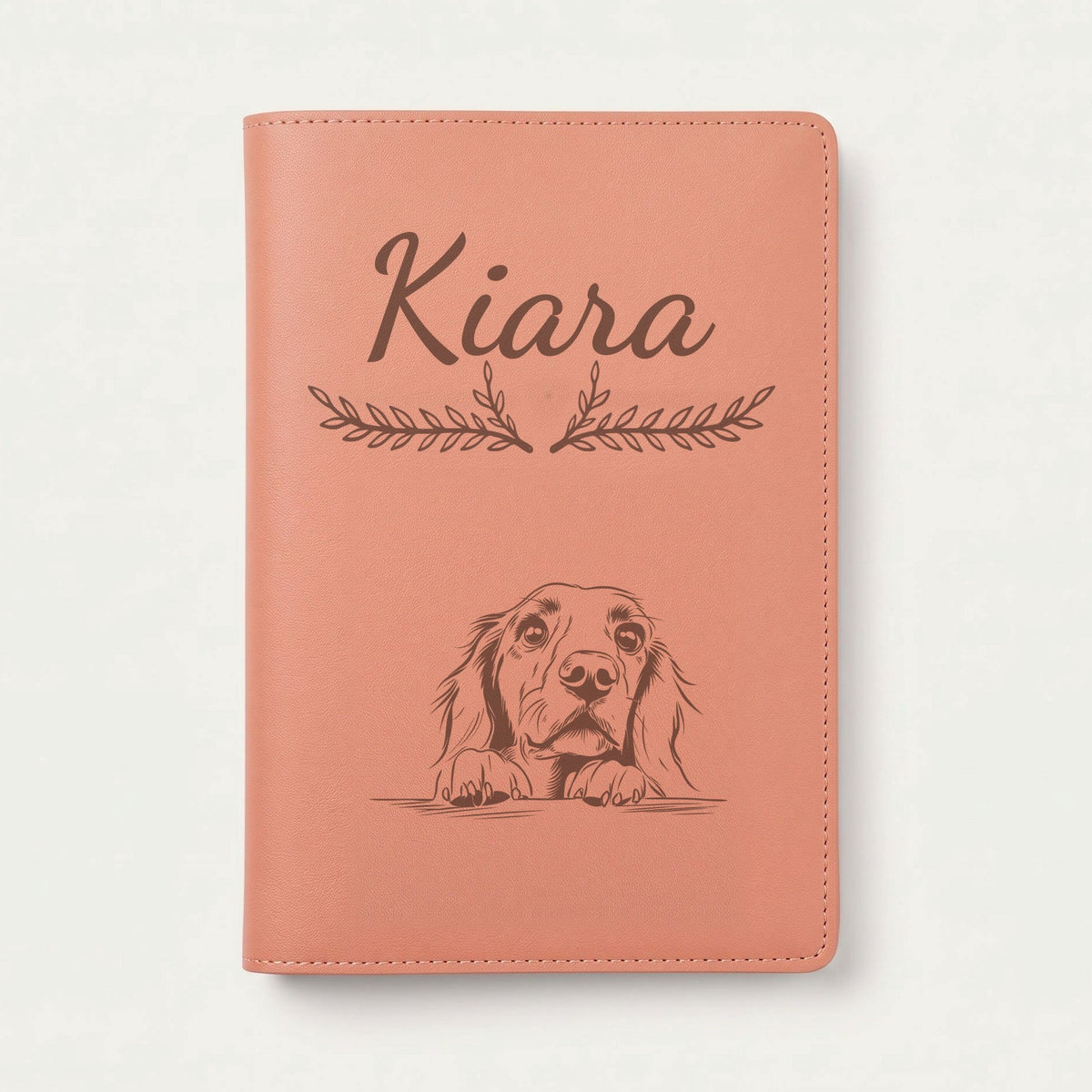 Protège carnet de santé chien personnalisé – Setter irlandais — Terracotta — Bouquet — gravure « Kiara »