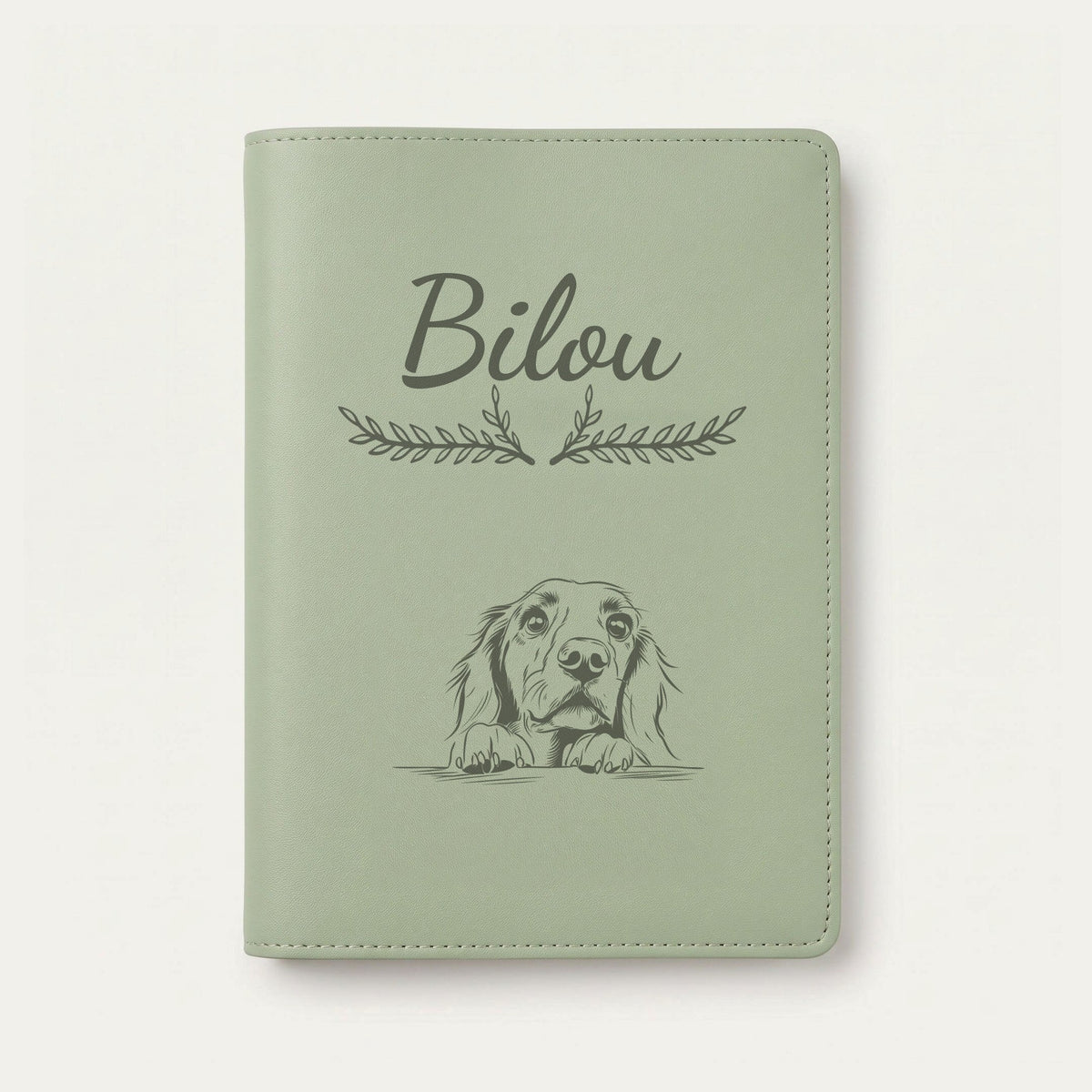 Protège carnet de santé chien personnalisé – Setter irlandais — Vert sauge — Bouquet — gravure « Bilou »
