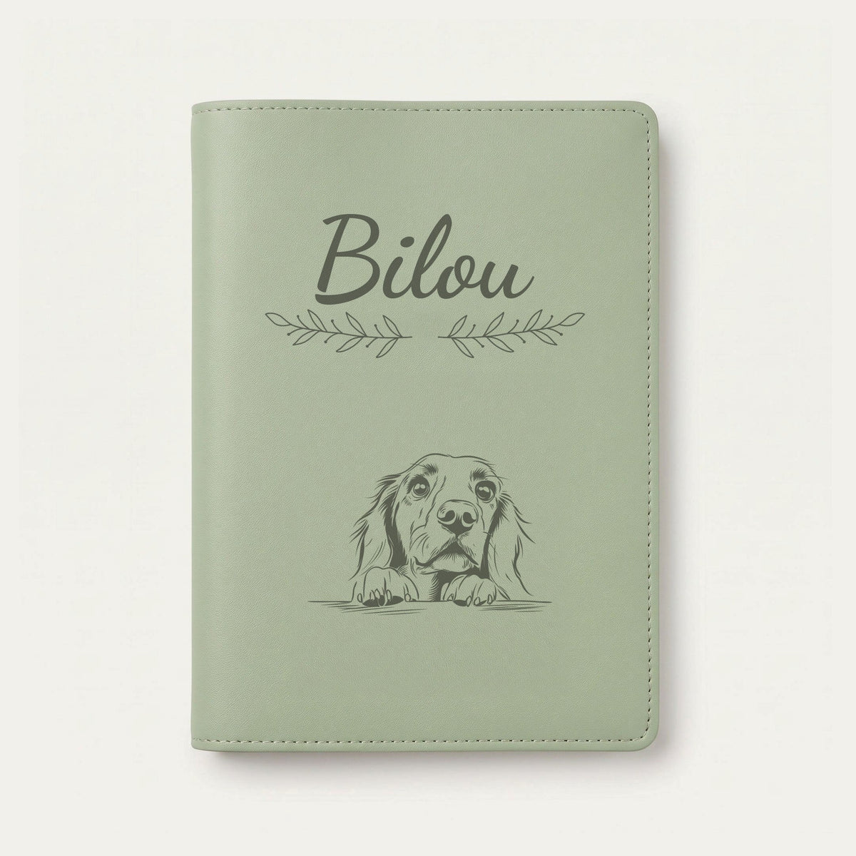 Protège carnet de santé chien personnalisé – Setter irlandais — Vert sauge — Rameaux — gravure « Bilou »