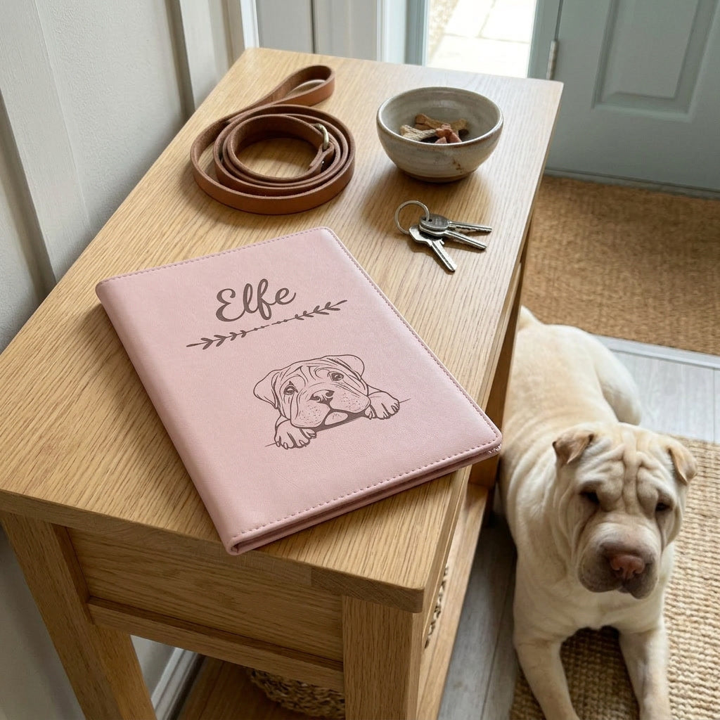 Protège carnet de santé chien personnalisé – Shar-pei — fermé, gravé « Elfe » avec le shar-pei, sur une console d'entrée à côté d'une laisse, un shar-pei couché à côté (visuel de mise en scène, coloris Rose dragée)