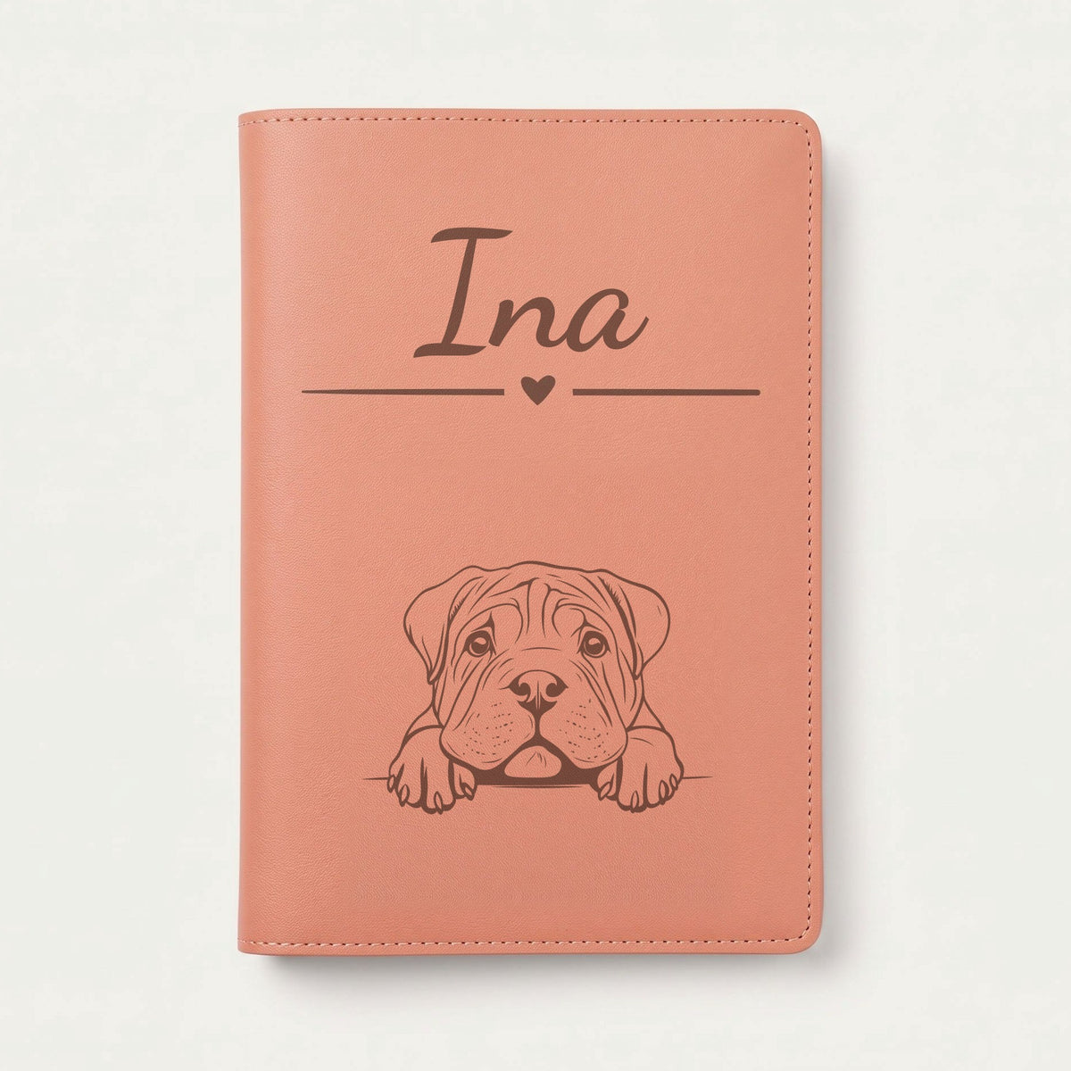 Protège carnet de santé chien personnalisé – Shar-pei — Terracotta — Cœur — gravure « Ina »