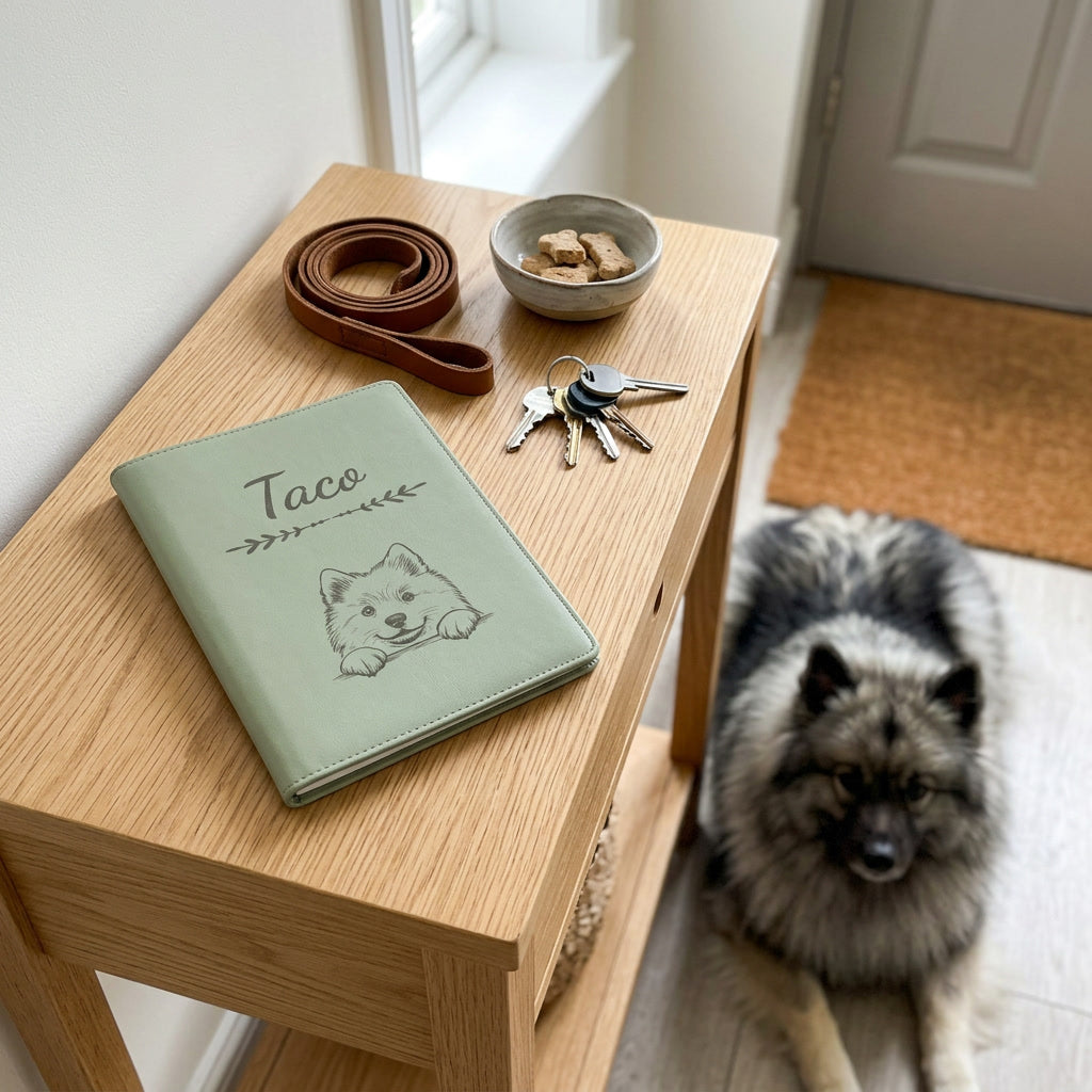 Protège carnet de santé chien personnalisé – Spitz loup — fermé, gravé « Taco » avec le spitz loup, sur une console d'entrée à côté d'une laisse, un spitz loup couché à côté (visuel de mise en scène, coloris Vert sauge)