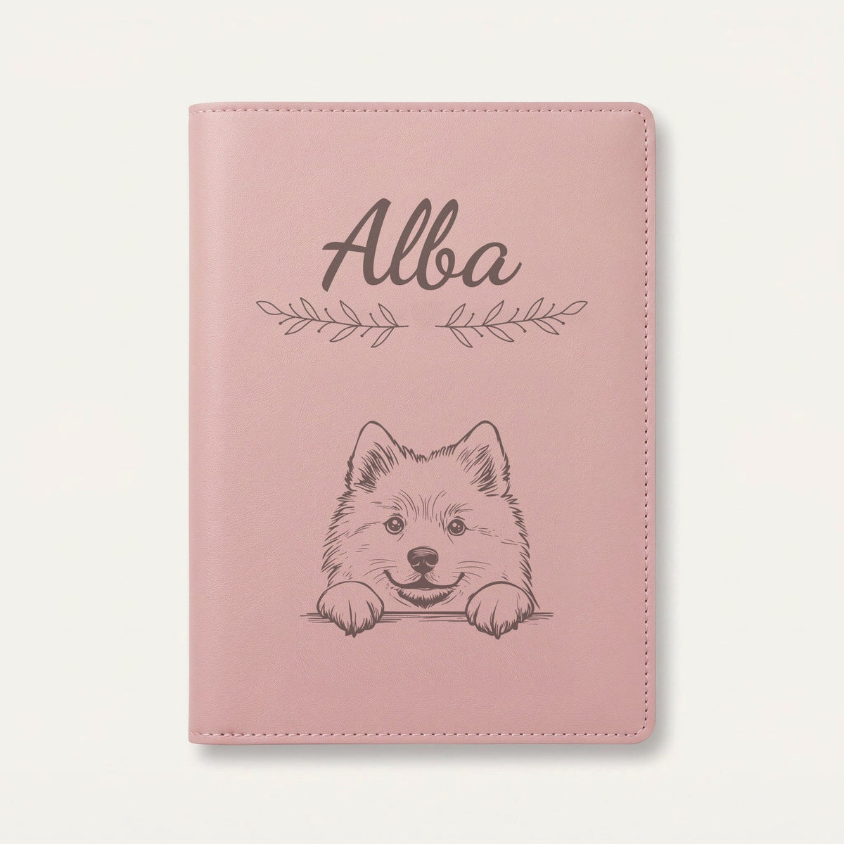 Protège carnet de santé chien personnalisé – Spitz loup — Rose dragée — Rameaux — gravure « Alba »