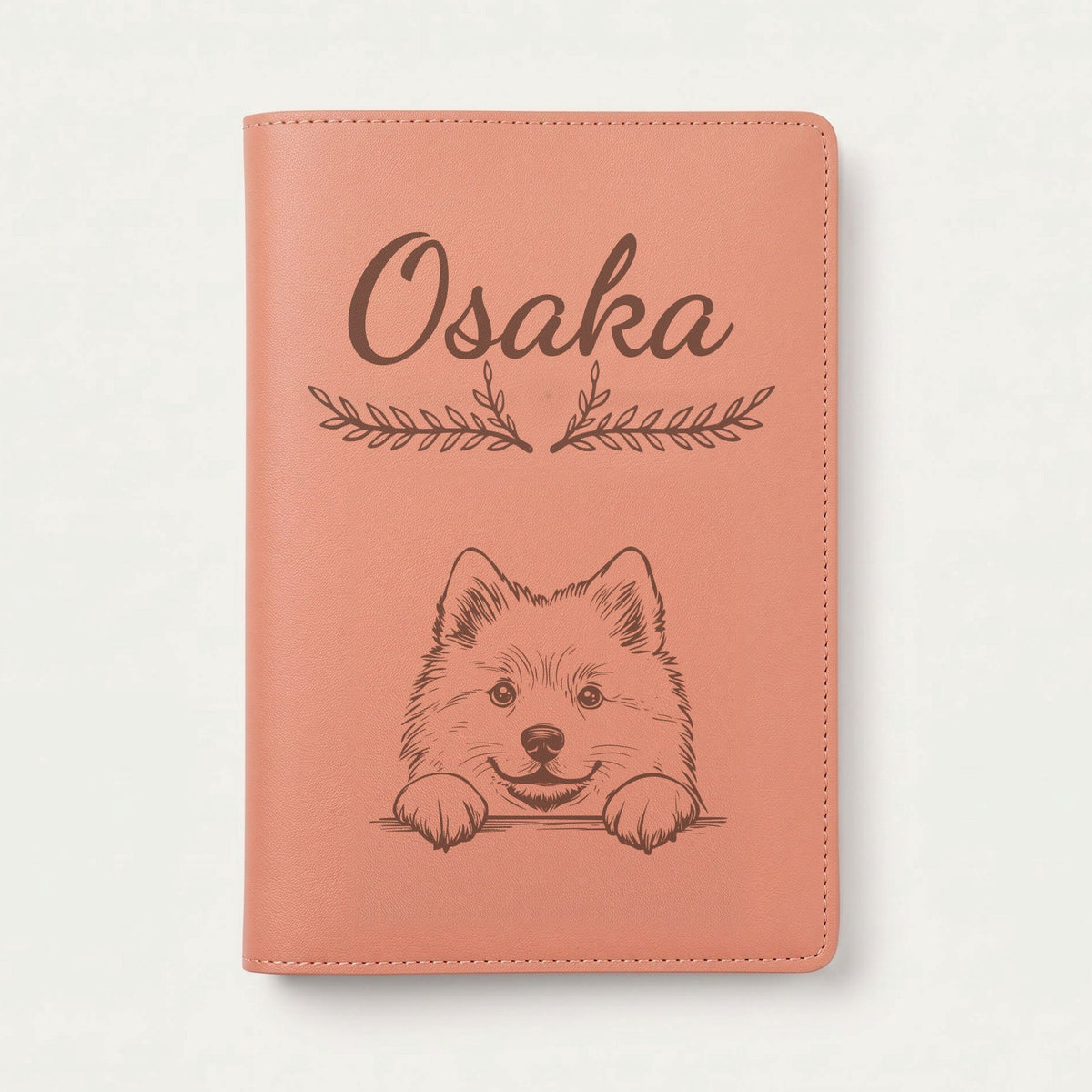 Protège carnet de santé chien personnalisé – Spitz loup — Terracotta — Bouquet — gravure « Osaka »