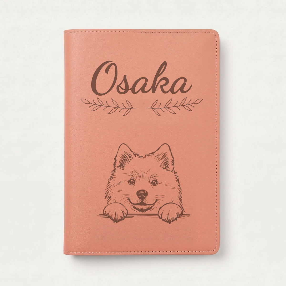 Protège carnet de santé chien personnalisé – Spitz loup — Terracotta — Rameaux — gravure « Osaka »