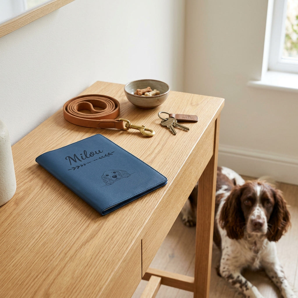 Protège carnet de santé chien personnalisé – Springer anglais — fermé, gravé « Milou » avec le springer anglais, sur une console d'entrée à côté d'une laisse, un springer anglais couché à côté (visuel de mise en scène, coloris Bleu nuit)