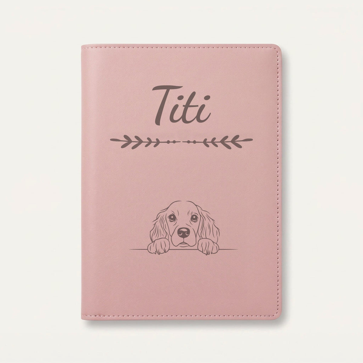 Protège carnet de santé chien personnalisé – Springer anglais — Rose dragée — Flèche — gravure « Titi »