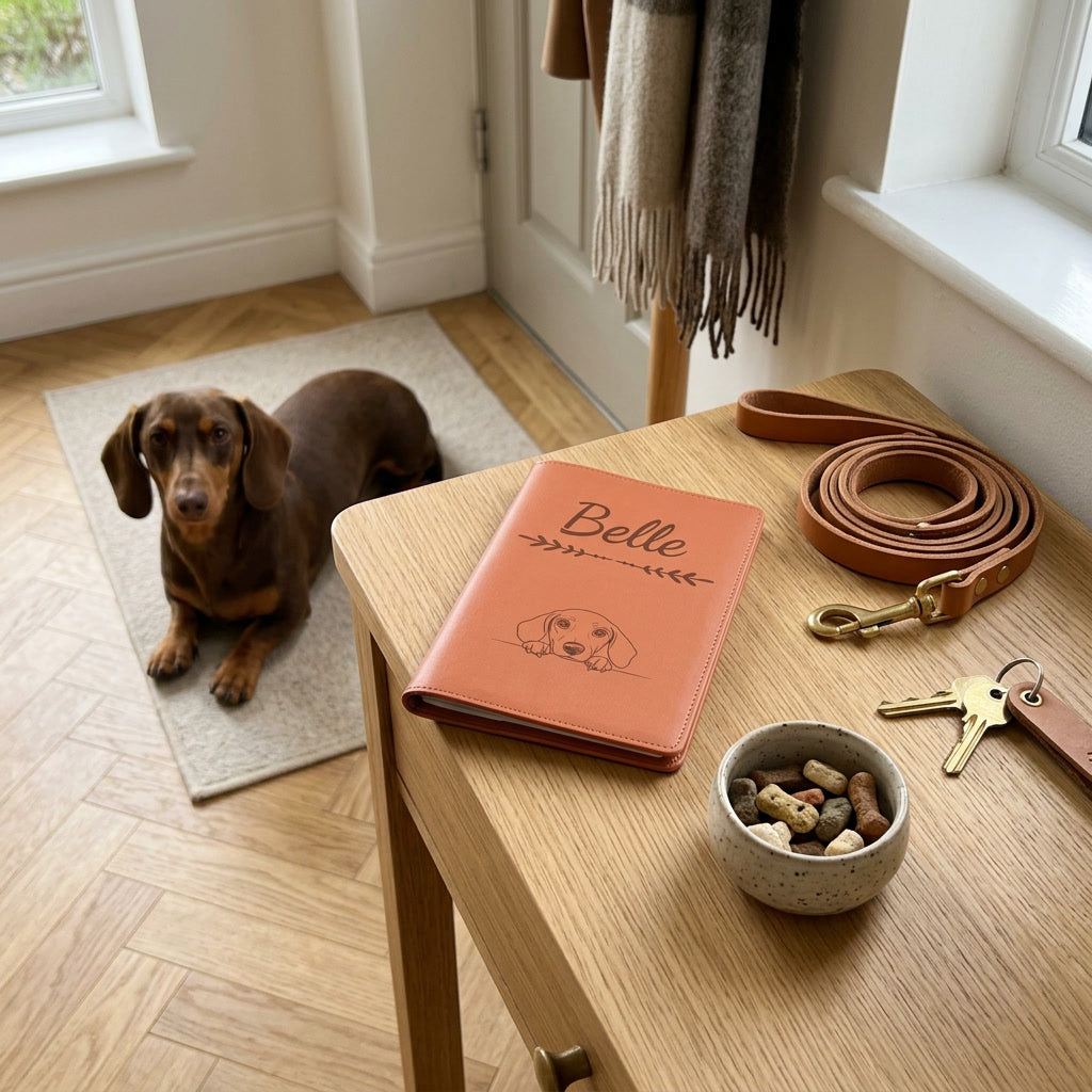 Protège carnet de santé chien personnalisé – Teckel — fermé, gravé « Belle » avec le teckel, sur une console d'entrée à côté d'une laisse, un teckel couché à côté (visuel de mise en scène, coloris Terracotta)