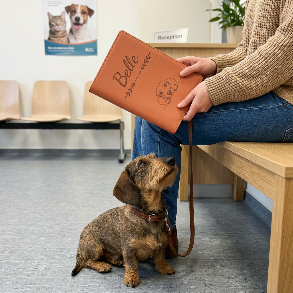 Protège carnet de santé chien personnalisé – Teckel — fermé, gravé « Belle », tenu en salle d'attente chez le vétérinaire, un teckel assis à côté (visuel de mise en scène, coloris Terracotta)