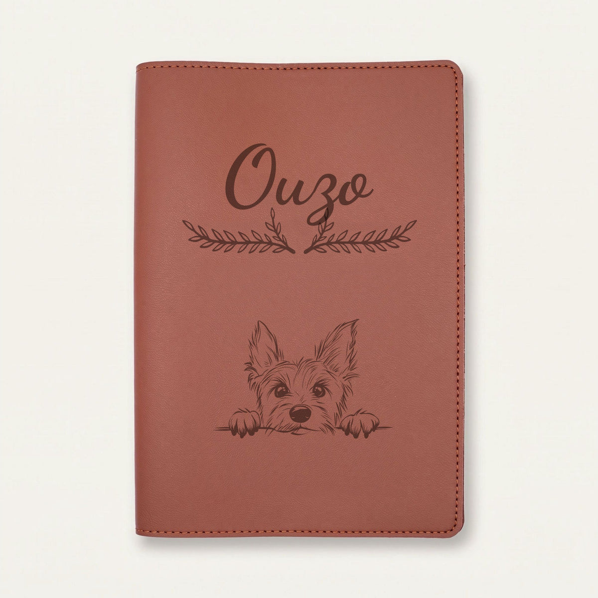 Protège carnet de santé chien personnalisé – Terrier australien — Chocolat — Bouquet — gravure « Ouzo »