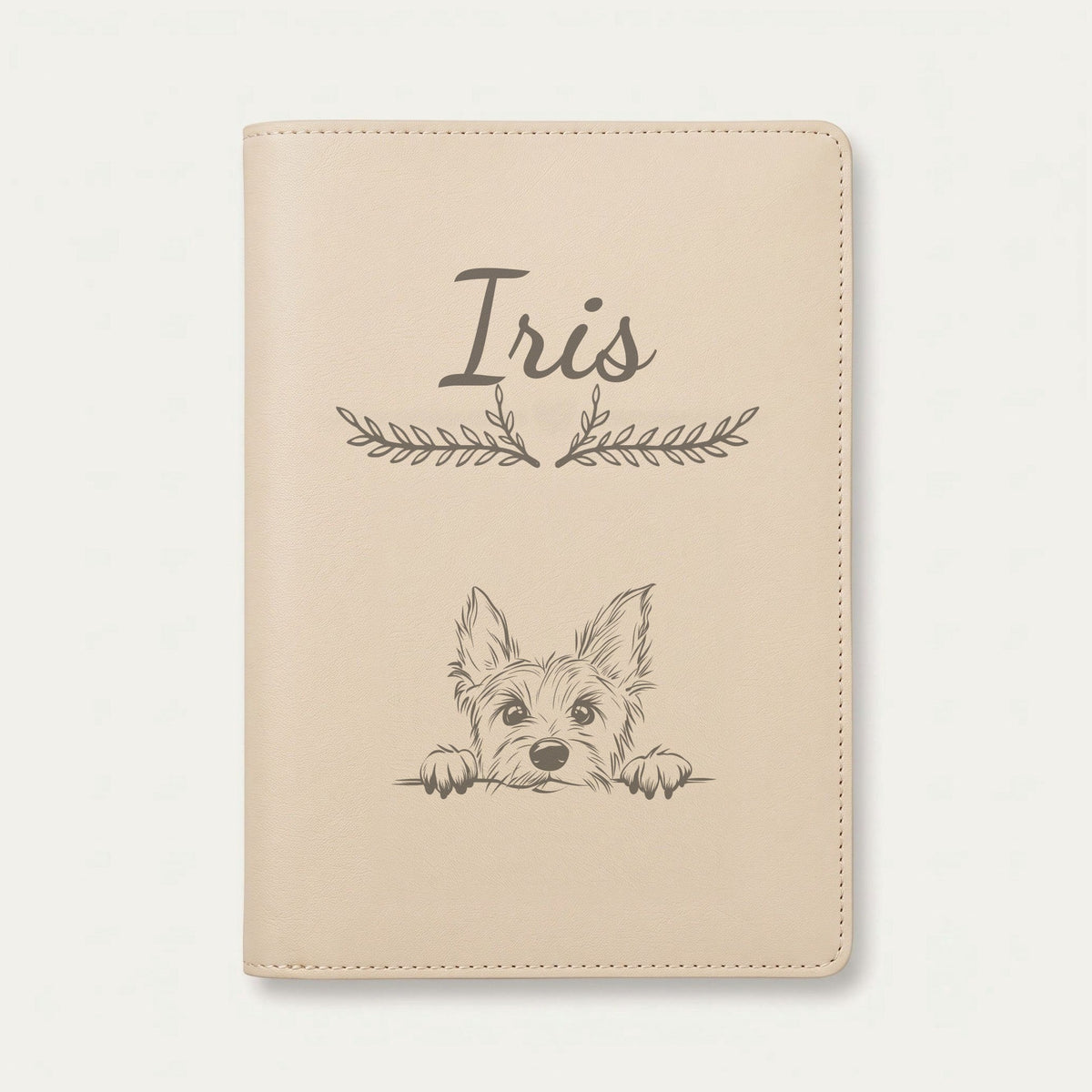 Protège carnet de santé chien personnalisé – Terrier australien — Crème vanille — Bouquet — gravure « Iris »