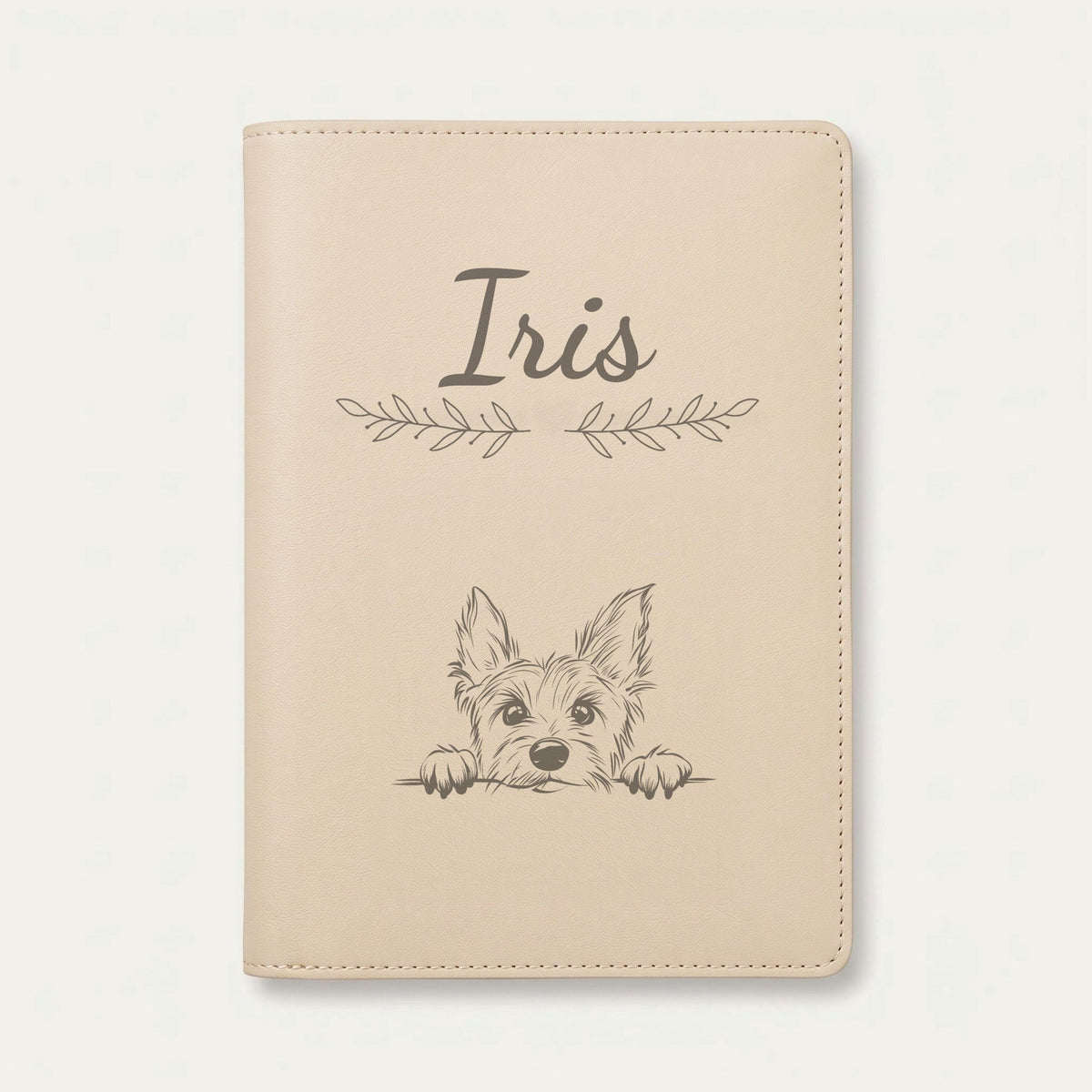 Protège carnet de santé chien personnalisé – Terrier australien — Crème vanille — Rameaux — gravure « Iris »