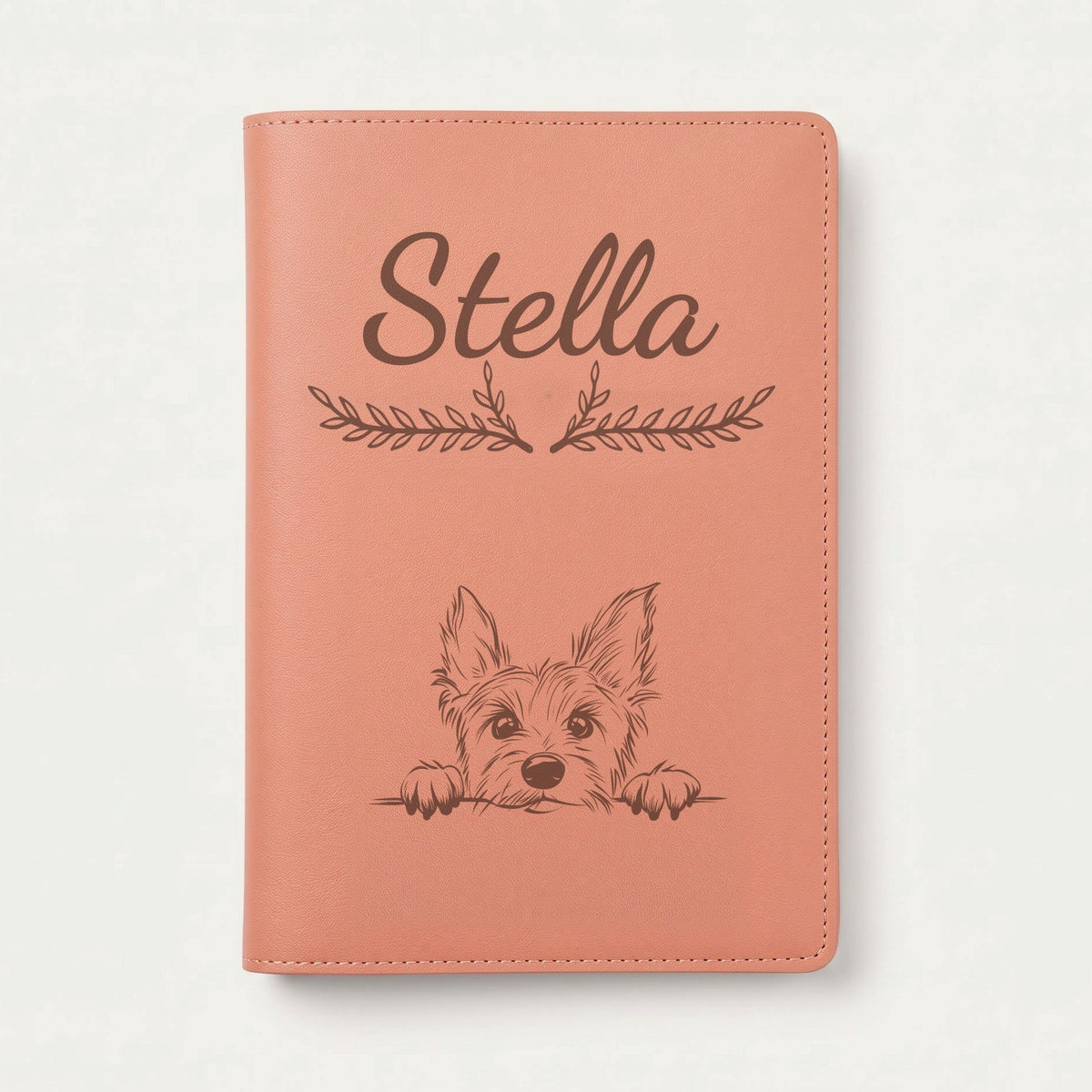 Protège carnet de santé chien personnalisé – Terrier australien — Terracotta — Bouquet — gravure « Stella »