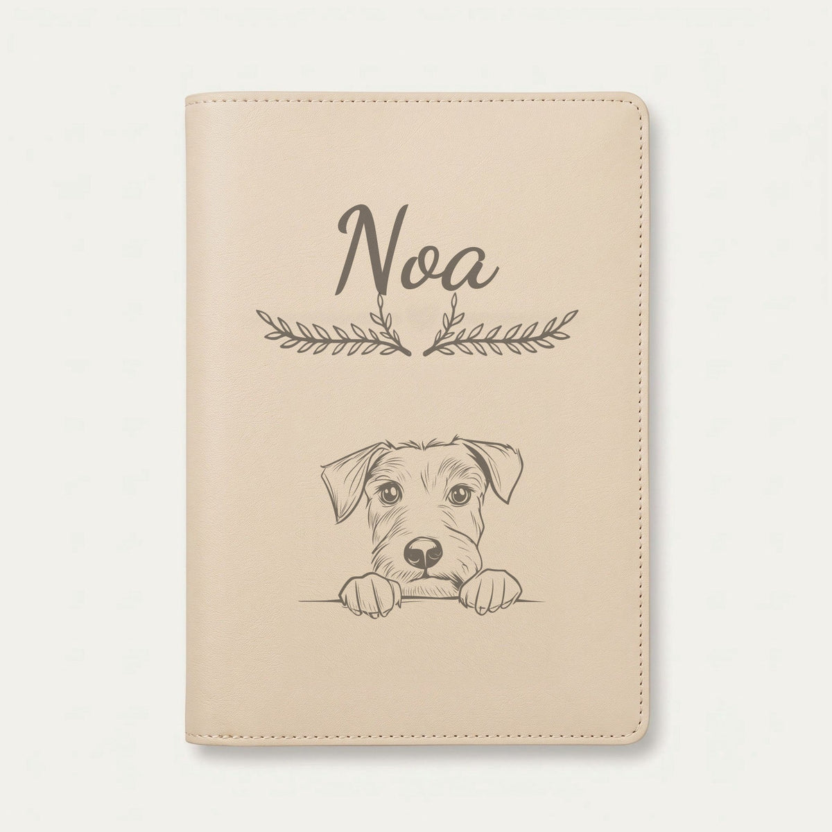 Protège carnet de santé chien personnalisé – Terrier irlandais — Crème vanille — Bouquet — gravure « Noa »