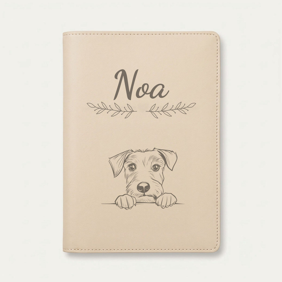 Protège carnet de santé chien personnalisé – Terrier irlandais — Crème vanille — Rameaux — gravure « Noa »