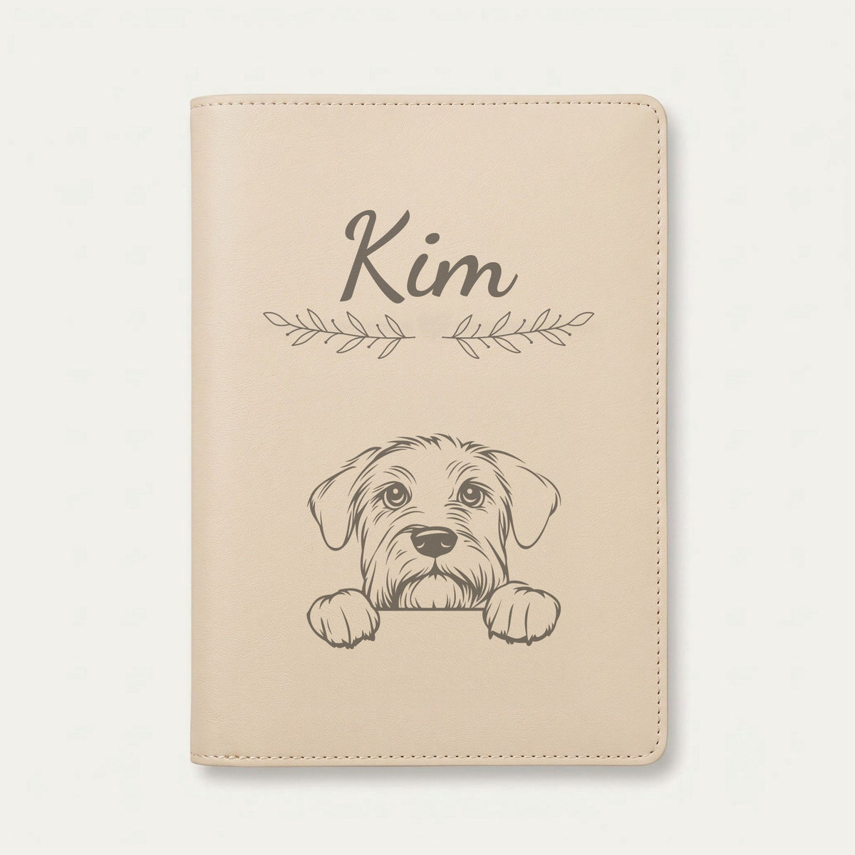 Protège carnet de santé chien personnalisé – Terrier noir russe — Crème vanille — Rameaux — gravure « Kim »