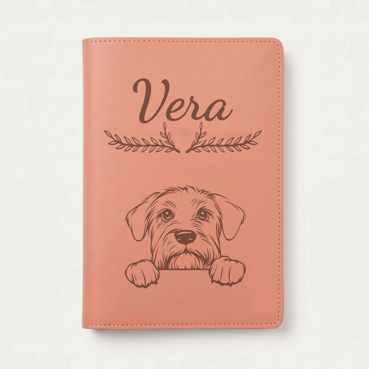 Protège carnet de santé chien personnalisé – Terrier noir russe — Terracotta — Bouquet — gravure « Vera »