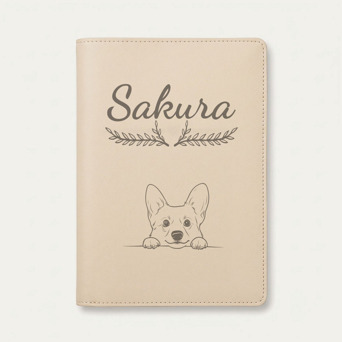 Protège carnet de santé chien personnalisé – Welsh corgi cardigan — Crème vanille — Bouquet — gravure « Sakura »