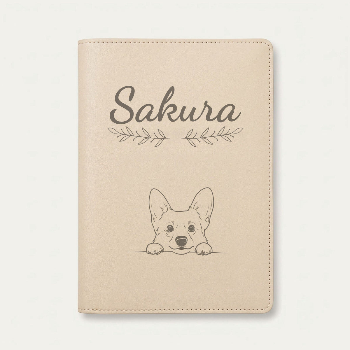 Protège carnet de santé chien personnalisé – Welsh corgi cardigan — Crème vanille — Rameaux — gravure « Sakura »