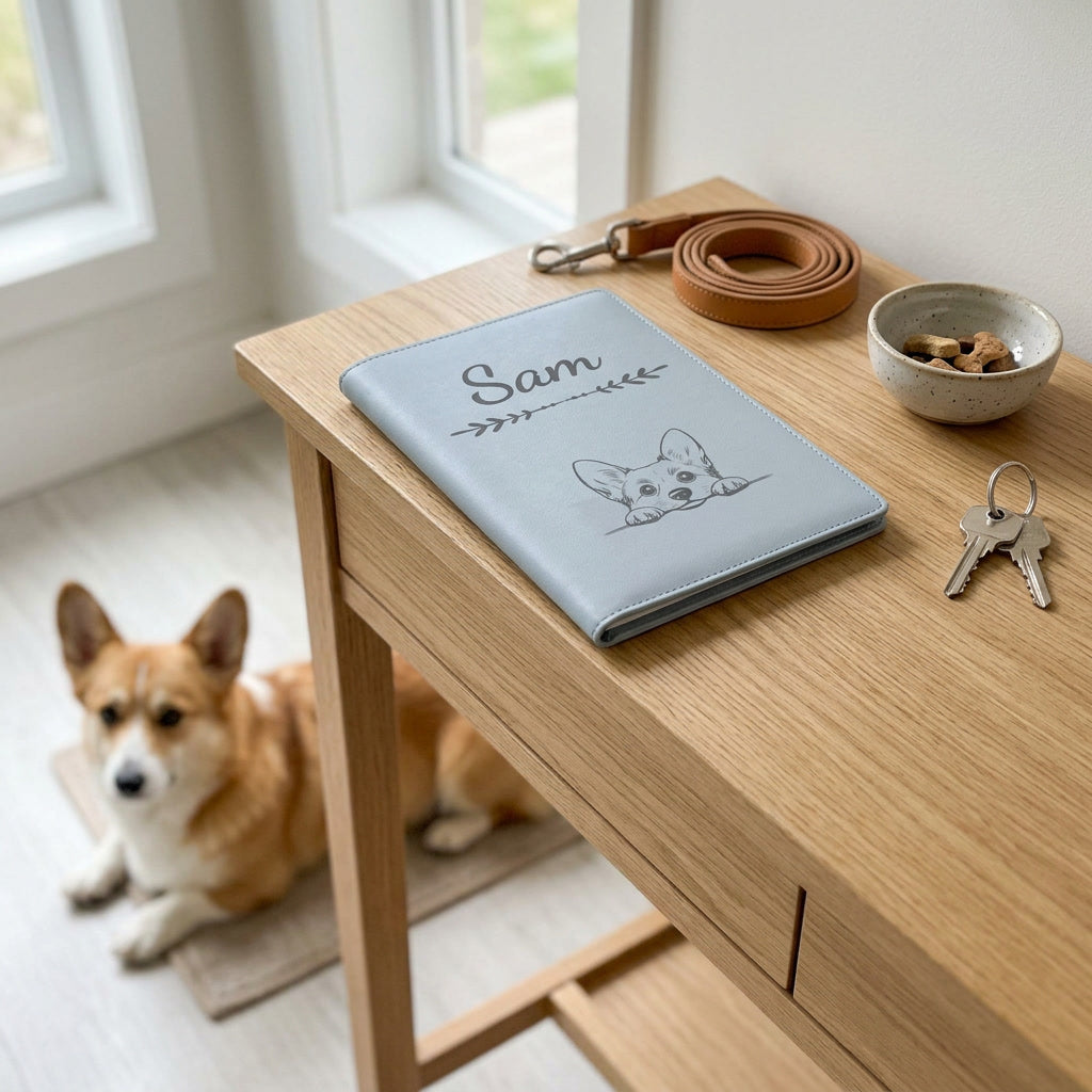 Protège carnet de santé chien personnalisé – Welsh corgi pembroke — fermé, gravé « Sam » avec le welsh corgi pembroke, sur une console d'entrée à côté d'une laisse, un welsh corgi pembroke couché à côté (visuel de mise en scène, coloris Bleu nuage)