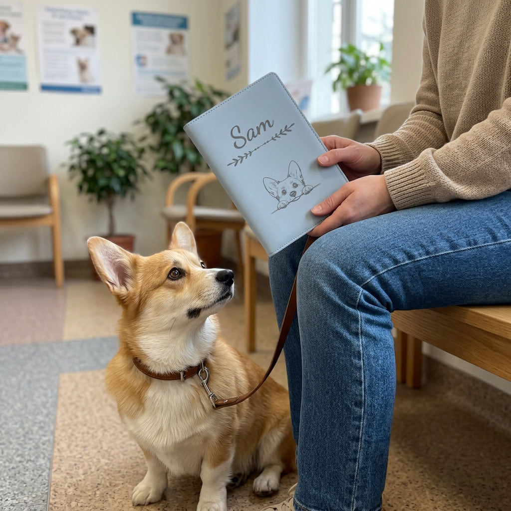 Protège carnet de santé chien personnalisé – Welsh corgi pembroke — fermé, gravé « Sam », tenu en salle d'attente chez le vétérinaire, un welsh corgi pembroke assis à côté (visuel de mise en scène, coloris Bleu nuage)