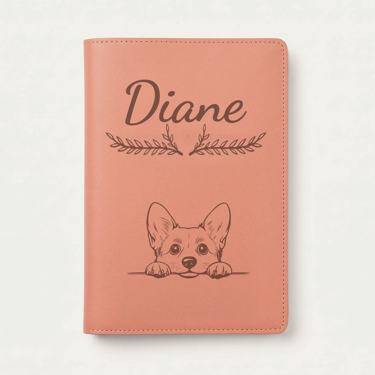 Protège carnet de santé chien personnalisé – Welsh corgi pembroke — Terracotta — Bouquet — gravure « Diane »