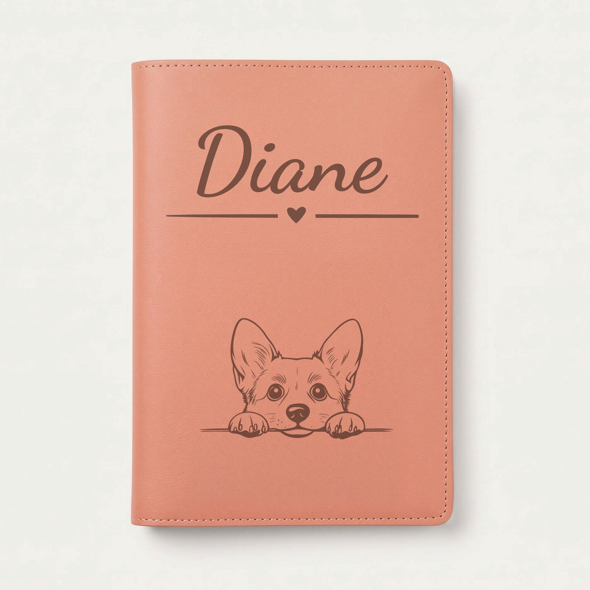 Protège carnet de santé chien personnalisé – Welsh corgi pembroke — Terracotta — Cœur — gravure « Diane »