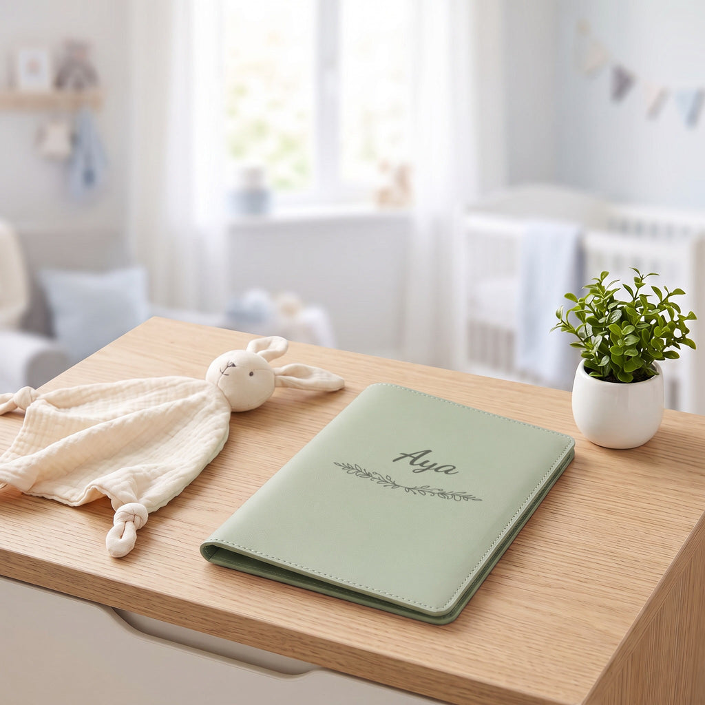 Protège carnet de santé personnalisé Aya — fermé, gravé « Aya » avec l'ornement Guirlande, sur une commode de chambre de bébé (visuel de mise en scène, coloris Vert sauge)