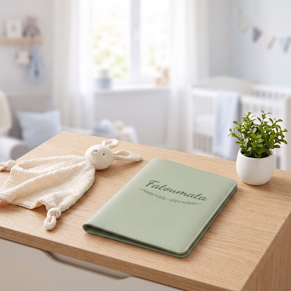 Protège carnet de santé personnalisé Fatoumata — fermé, gravé « Fatoumata » avec l'ornement Brindilles, sur une commode de chambre de bébé (visuel de mise en scène, coloris Vert sauge)