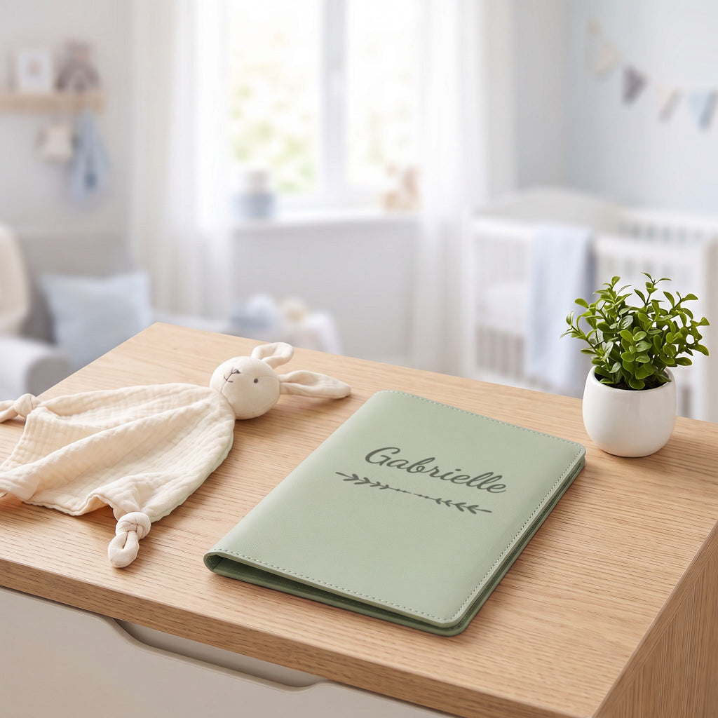 Protège carnet de santé personnalisé Gabrielle — fermé, gravé « Gabrielle » avec l'ornement Flèche, sur une commode de chambre de bébé (visuel de mise en scène, coloris Vert sauge)