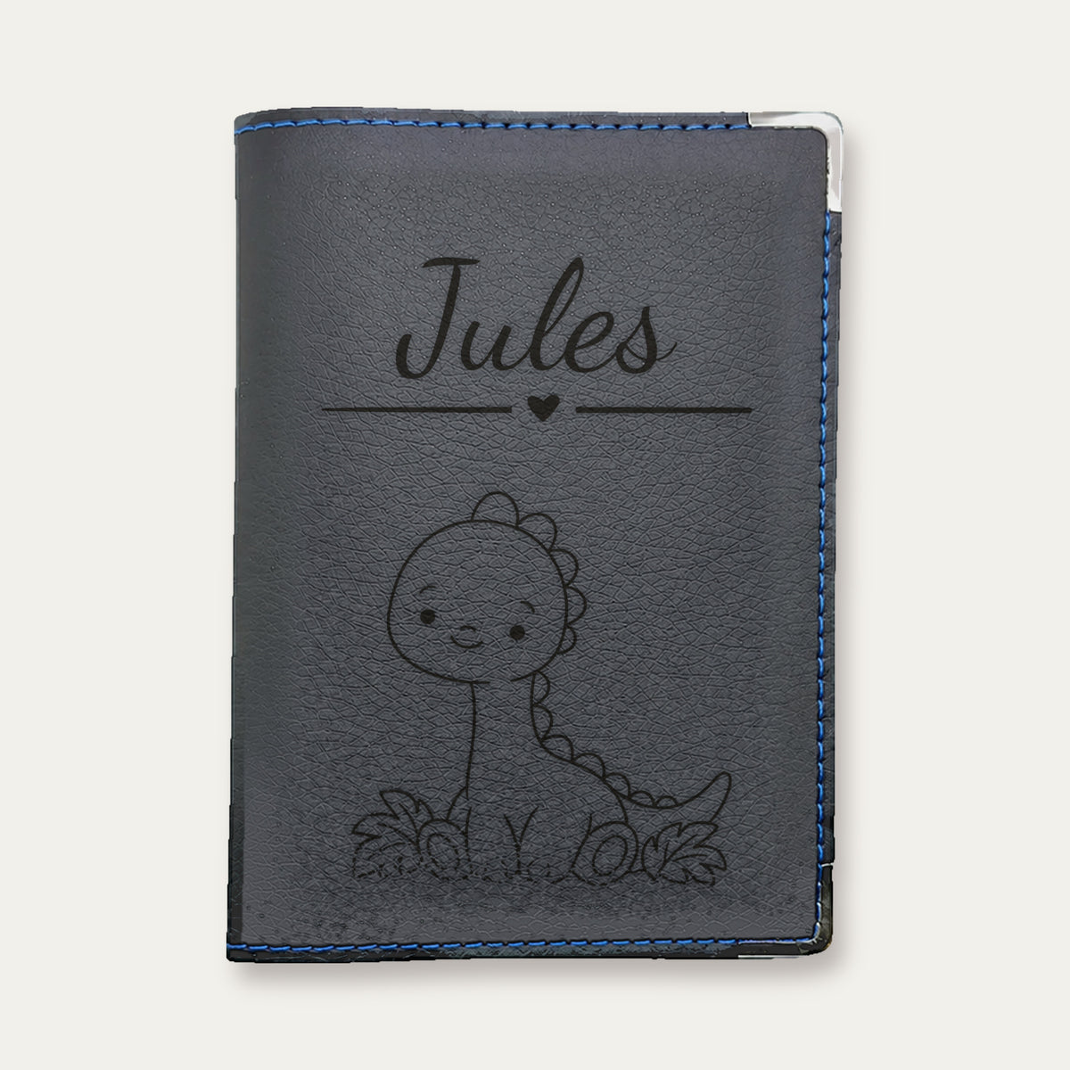 Protège-passeport bébé garçon personnalisé – Dinosaure — Bleue — gravure « Jules »